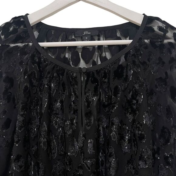 J Crew Burnout Metallic Velvet Black Leopard Long Sleeve Top Blouse Sz Small - Picture 6 of 12